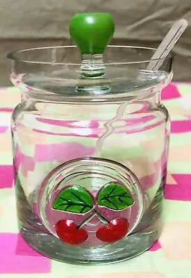 Glass Jelly Jar*Jam*Condiments*glass Lid &plastic Spoon*Clear*embossed Cherries • $9.99