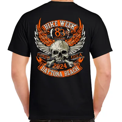 2024 Bike Week Daytona Beach Orange Skull Wings T-Shirt • $20.99