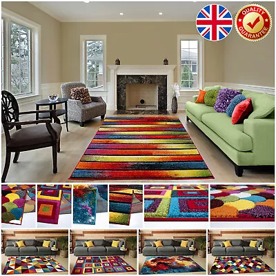 Large Non Slip Multi Colour Carpet Geometric Small Soft Pile Modern Spectrum Rug • £144