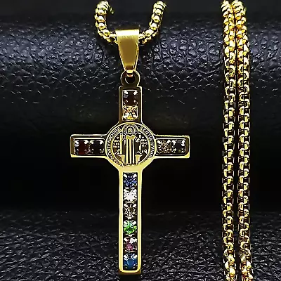 Mens Stainless Steel Cross Necklace St Christopher Crystal Silver Gold Pendant • £18.76