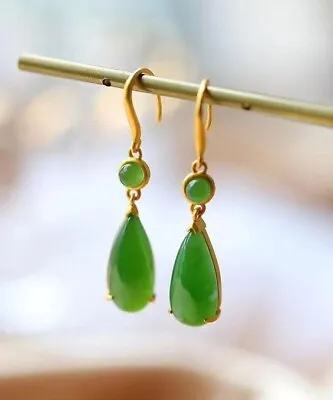 Antique Vintage Natural Green Jade Drop Earring 14k Yellow Gold Fn Jade Earring • $233.34