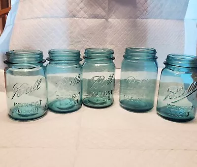 Lot Of 5 Vintage Aqua Ball Perfect Mason Pint Jars 2 With Dropped  A  Varied  • $35