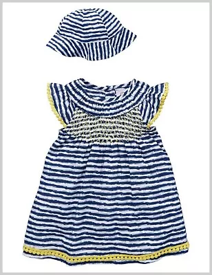 Baby Girls Nautical Style Dress & Hat Set Blue White Striped Outfit 0-3 Mths NEW • £12.99