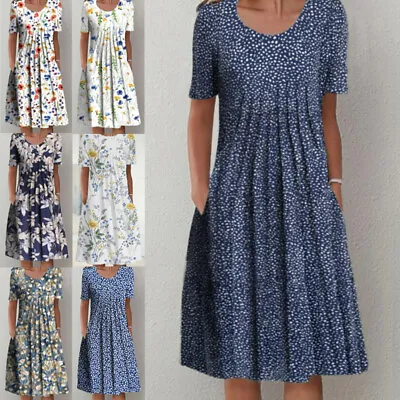 £15.99 • Buy Womens Floral Crew Neck Short Sleeve Midi Dress Baggy Pocket Pleated Swing Dress