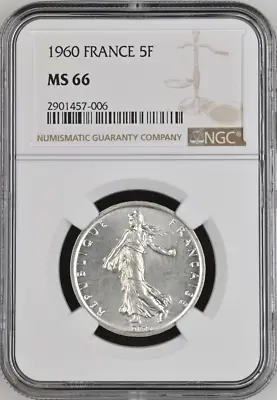 :1960 5-francs France Near-superb Ngc Ms-66 Semeuse-sower Rarity R6 High-grades • $229.95