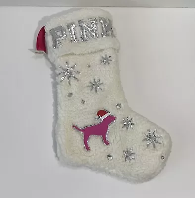 Victoria's Secret Pink Christmas Stocking Sherpa Sequin White Silver Holiday NEW • $11.20