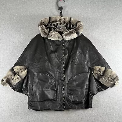 Mink Palace S/M Fur Leather Jacket Reversible With Hood Real Fur Black Brown • $300