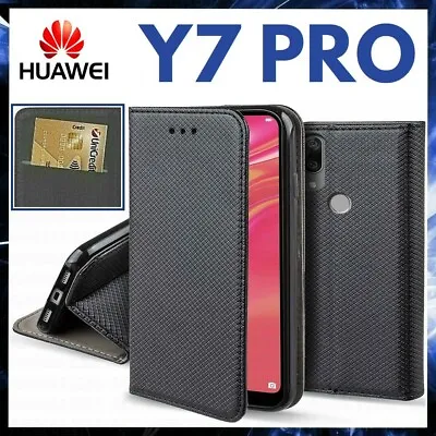 For HUAWEI Y7 PRO FLIP CASE BOOK LUXURY BLACK COVER PU LEATHER WALLET STAND Y 7 • $12.39