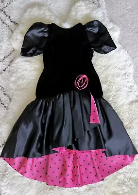 Vtg 80s Black Pink Polka Dot Satin Evening Gown Formal Dress Puff Sleeve XS/S • $62.69