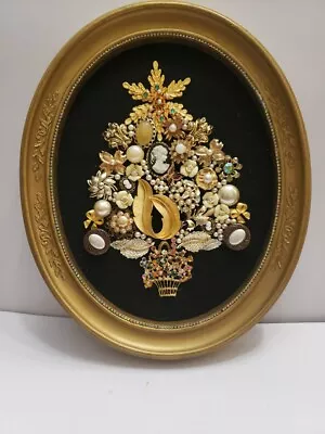 Vintage Jewelry Framed Christmas Tree Art Piece 1950s. Unique OOAK  • $72