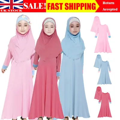 2pcs Muslim Kids Girls Hijab Abaya Islamic Prayer Dress Set Niqab Kaftan Robe • £13.70