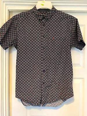Merc London Men's Shirt Black Medium Cotton Geometric Short Sleeve Pocket Button • £11.99