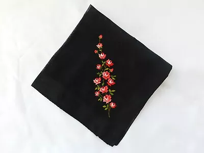 Vintage Black Hankie With Large Spray Of Embroidered Flowers H427 • $19.99