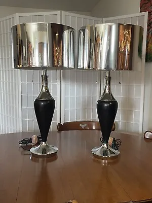 MCM French Table Lamps -Chrome Metal Shades Wood And Chrome Bases 2 Chain Pulls • $420.75