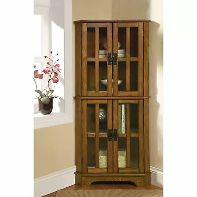 Oak Finish Wooden Corner Curio Cabinet Glass Doors Display Shelves Storage Case • $337.90