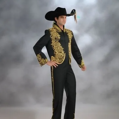 Men' S Tailor Made 2 Pc Black Mariachi  Suits Cotton Embroidered Wedding Outfits • $611.39