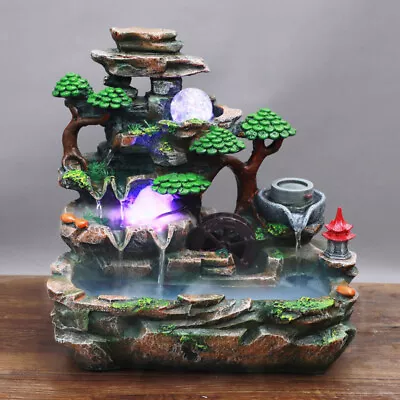 Resin Rockery Fountain Water Table Waterfall LED Light Decor Indoor Home Decor • $58