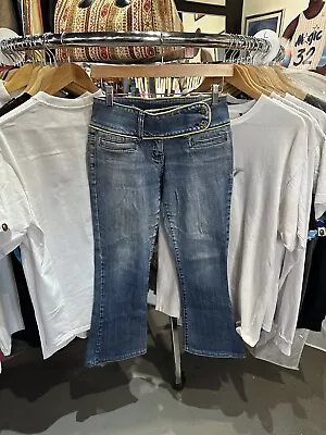 Vintage Y2K Bubblegum Low Rise Belted Waist Dark Wash Flare Jeans Size 5/6 • $18.99