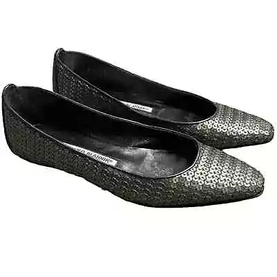 Manolo Blahnik Lee Sequin Leather-trim Ballet Flats Pointed Toe SIZE 36.5 6US • $125