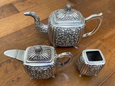 HEAVY REPOUSSE INDONESIAN 800 SILVER TEA SET YOGYA ERA MOELJO DIHARDJO Ca. 1930 • $1499