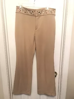 Vertigo Paris Womens Tan Dress Flat Front Pants Floral Waist Trimming Size 6 • $5.06