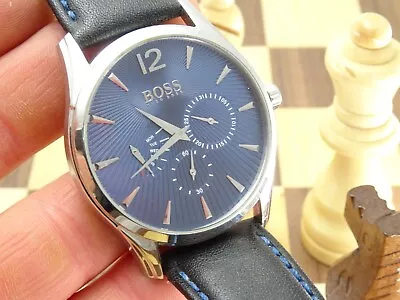 HUGO BOSS 40mm Men's Black Dial Designer Leather Triple Calendar Wristwatch • £9