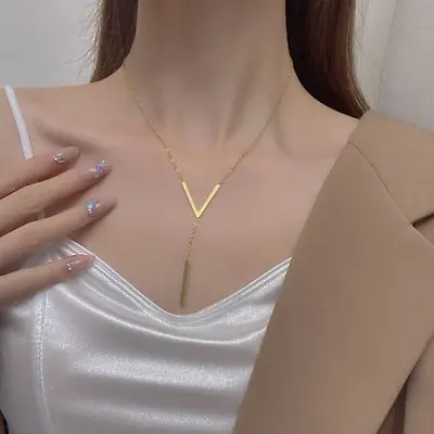 Trima V Necklace-Triangle Hanging Bar Necklace-V Shape Line Pendant Gold Filled • £11.99