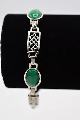 Solvar Vintage Cabochon Bracelet Green Multi-Chain Silver Tone Signed Bin5 • $55.96