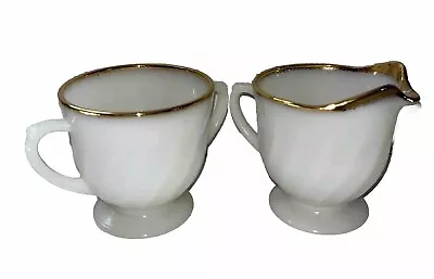 Vintage Fire King Milk Glass Swirl 22kt Gold Trim Creamer And Sugar Bowl Set • $10