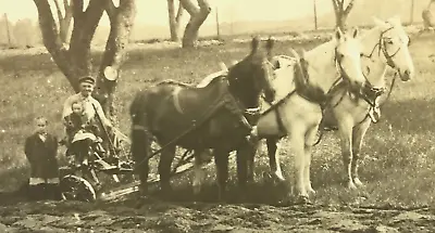 Antique RPPC Photo Horse Team Drawn Farm Field Plow Stuck People Man Girls #34 • $14.99