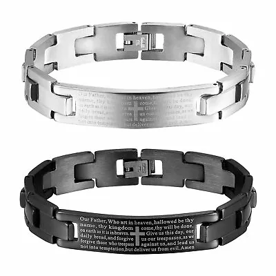 Mens Stainless Steel Cross English Bible Lords Prayer Bangle Bracelet Wristband • $9.99