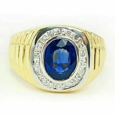 3 Ct Oval Lab Created Sapphire Halo Men's Wedding Ring 14K Two Tone Gold Plated • $239.99