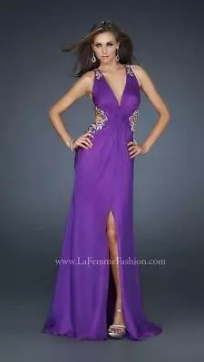 La Femme 16288 Prom Dress Halter Open Back Gown Sz 4 Purple • $118.40