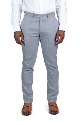 Slim Fit Mens Dress Pants Pinstripe Grey Purple Line Slacks Flat Front AZAR MAN • $39.99