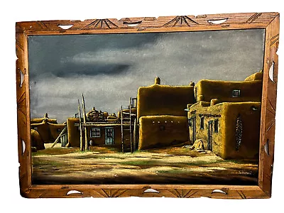 Rare SANCHEZ  40 1/2” X 28 1/2” Mexico Black Velvet Painting Pueblo Village • $399.99