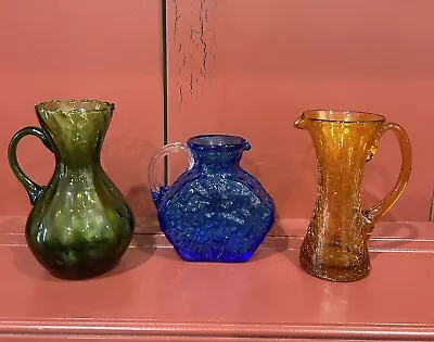 Vintage Morgantown Art Glass Cobalt Blue  Creamer Amber Crackle &Green Glass • $50