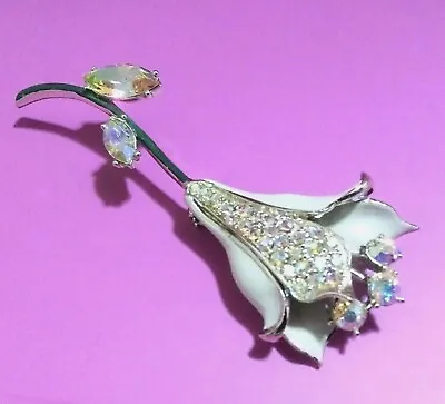 Vintage Weiss Rhinestone Flower Brooch Pave Aurora Borealis Cream Enamel Lily • $46.99