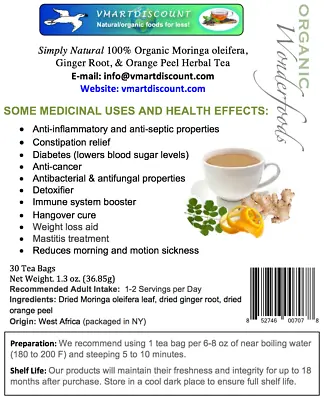 Moringa Oleifera Ginger Root & Orange Peel Herbal Tea 30 Bags • $12.99