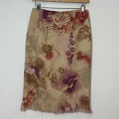 Vintage Moschino Skirt Womens 8 Beige Pink Virgin Wool Floral Raw Edge Hem Zip • $99.97