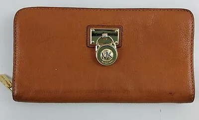 Michael Kors Brown Leather Hamilton Gold Lock Full Size Zip Around Wallet • $41.99