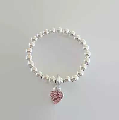 Sterling Silver Bead Stretch Ring W Pink CZ Heart Charm - Any Size • $30