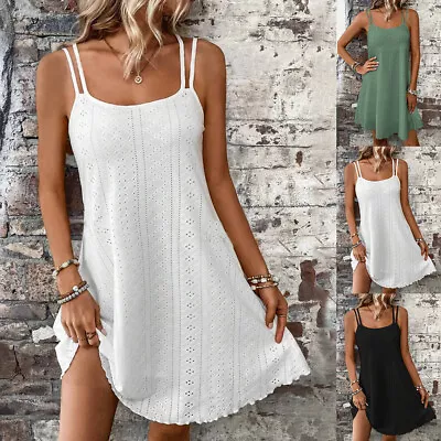Women Sleeveless Summer Mini Vest Dress Ladies Swing Cami Strappy Beach Sundress • £2.39