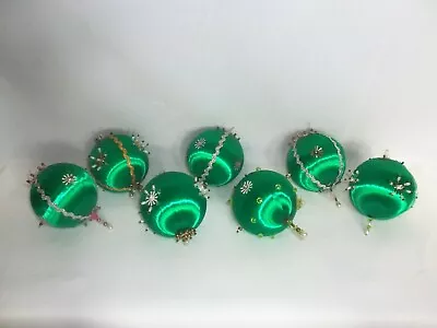 Lot/7 – Vintage Green Beaded Sequined Push-Pin Satin-Wrapped Christmas Ornaments • $6.84