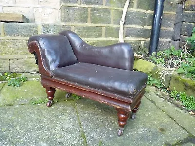 Unusual Small Antique Victorian Leather & Mahogany Chaise Lounge Child Dog? • £125