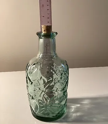 Vintage Sea Green Glass Bottle Maple Leaf Embossed 8” Corked • $18