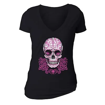 Womens Los Muertos Girl Red Flowers Sugar Skull Day Dead Dia Muertos Mexican T-S • $16.49