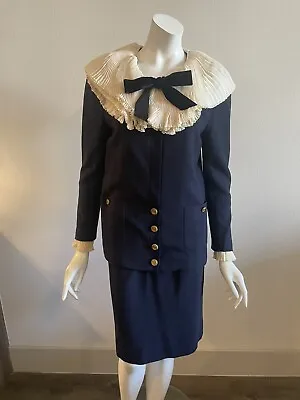 Chanel Vintage Navy Blue Skirt Suit With Detachable Ruffled Silk Collar N Cuffs  • $4595