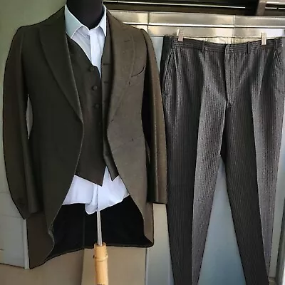 Antique 1920s Suit 3 Piece Tailcoat Tuxedo Green Flannel Peak Lapel Dated Piece • $382.50