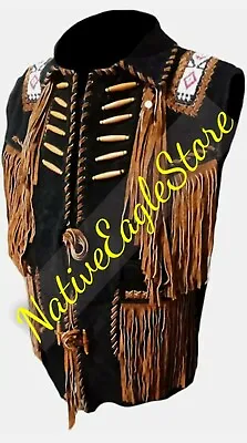 Mens Western Wear Cowboy Black Suede Leather Beaded Vest Brown Fringe Bones NV22 • $103.27