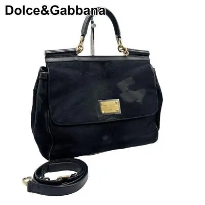 Dolce ＆ Gabbana Unborn Calf Leather 2WAY Hand Shoulder Bag Black Gold Logo Plate • £160.71